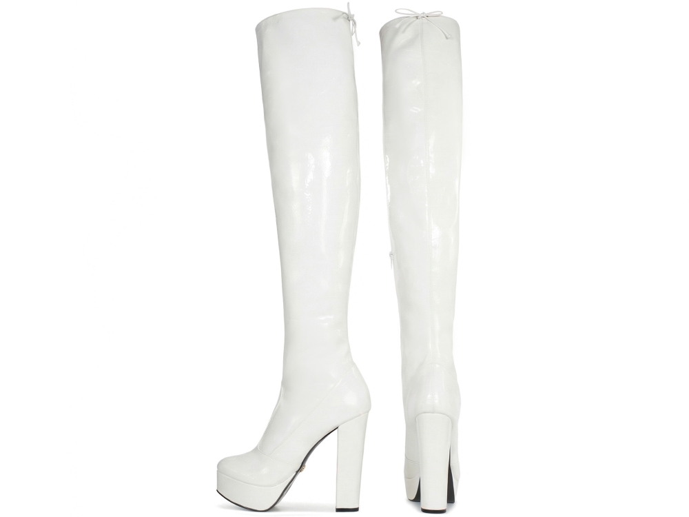 Bota Over Arrasadora Plataforma Meia Pata Salto Alto Verniz Branco