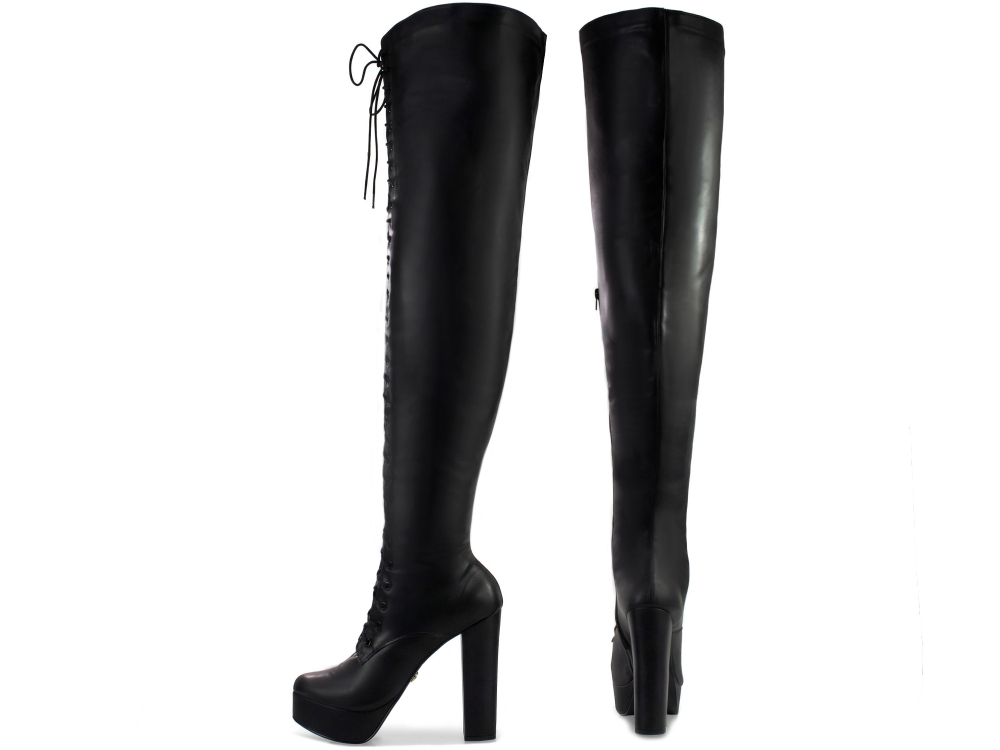 Bota Super Over The Knee Arrasadora Plataforma Amarração Napa Preto