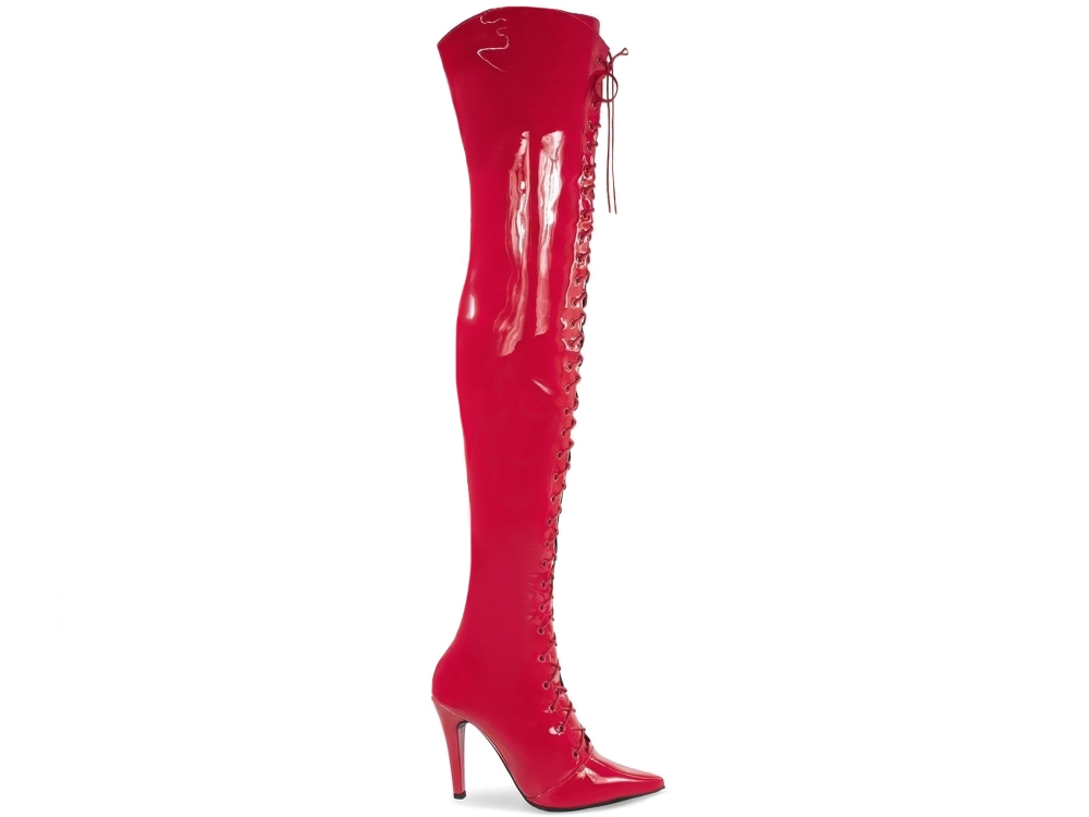 Bota Super Over The Knee Arrasadora Bico Fino Amarração Verniz Vermelho