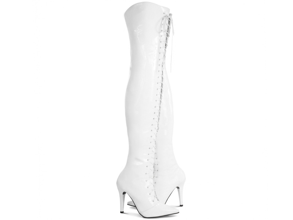 Bota Super Over The Knee Arrasadora Bico Fino Amarração Verniz Branco