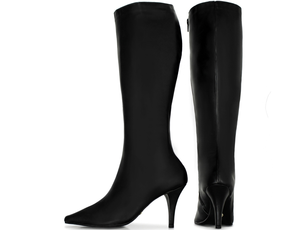 Bota Cano Alto Longo Arrasadora Salto Médio Bico Fino Napa Preto