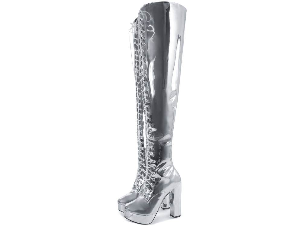 Bota Super Over The Knee Arrasadora Plataforma Amarração Verniz Metalizado Prata