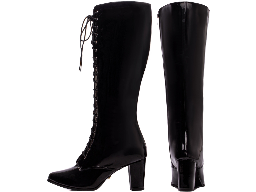 Bota Arrasadora Cano Mdio Amarrao Verniz Preto