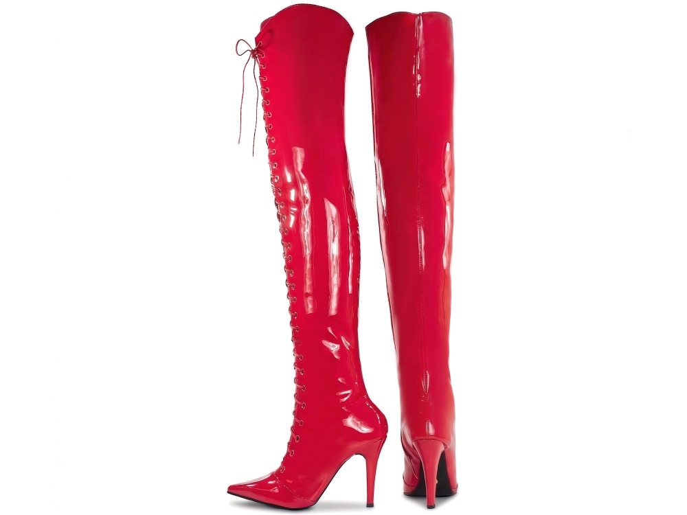Bota Super Over The Knee Arrasadora Bico Fino Amarração Verniz Vermelho
