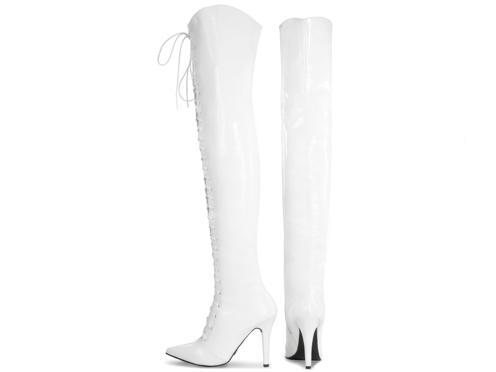 Bota Super Over The Knee Arrasadora Bico Fino Amarração Verniz Branco