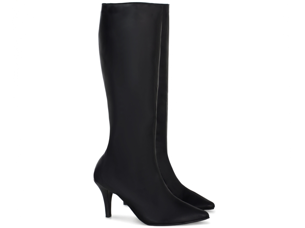 Bota Cano Alto Longo Arrasadora Salto Médio Bico Fino Napa Preto