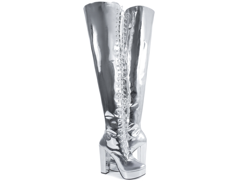 Bota Super Over The Knee Arrasadora Plataforma Amarração Verniz Metalizado Prata