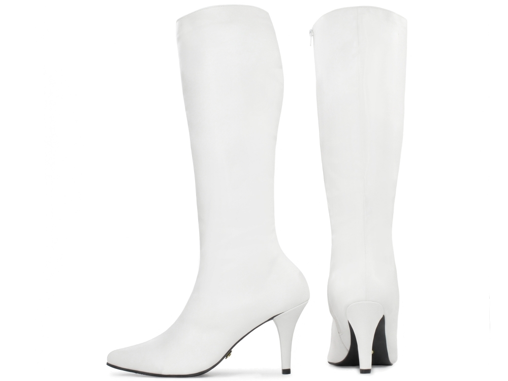 Bota Cano Alto Longo Arrasadora Salto Médio Bico Fino Napa Branco