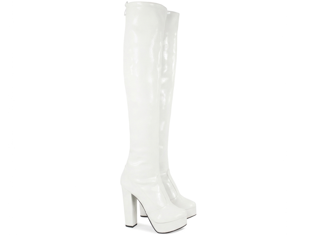 Bota Over Arrasadora Plataforma Meia Pata Salto Alto Verniz Branco