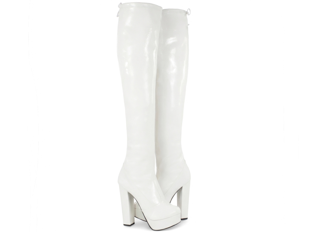 Bota Over Arrasadora Plataforma Meia Pata Salto Alto Verniz Branco