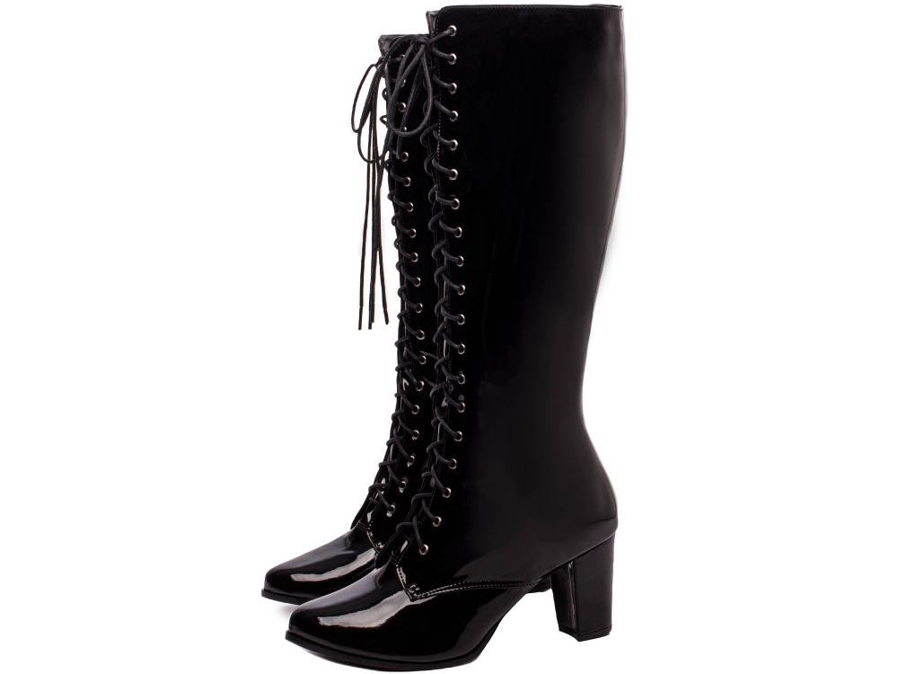 Bota Arrasadora Cano Médio Amarração Verniz Preto