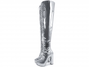 Bota Super Over The Knee Arrasadora Plataforma Amarração Verniz Metalizado Prata
